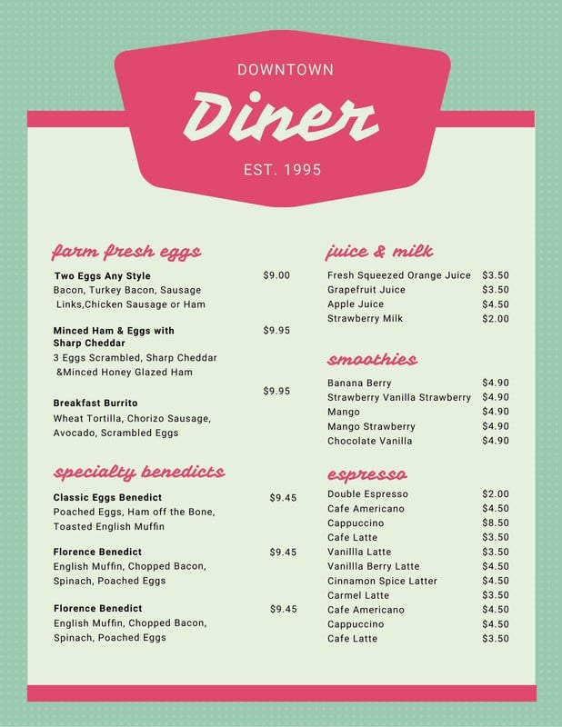 Free printable and customizable diner menu templates | Canva