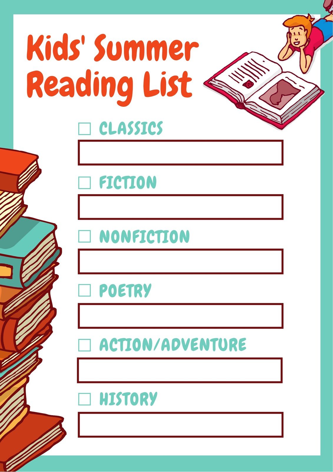 Teal and Orange Books Illustration Reading Checklist - Templates ...