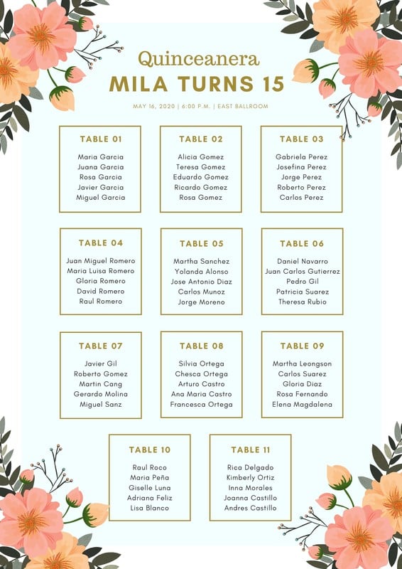 Quinceanera Seating Chart Template