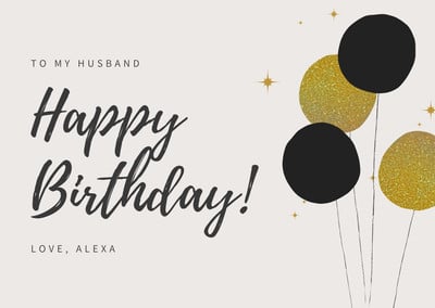Gray, Black and Gold Sparkles Balloons Husband Birthday Card