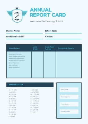 Blue Structured Columns Elementary School Report Card Templates