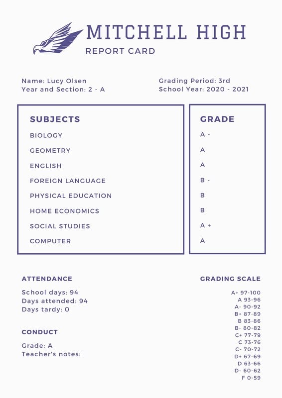 Free custom printable high school report card templates Canva