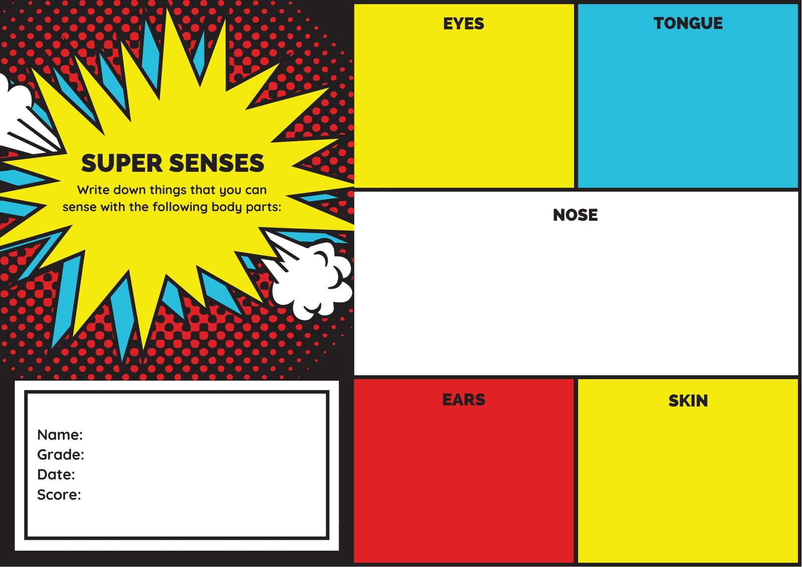Blue Yellow Red Comics 5 Senses Graphic Organizer