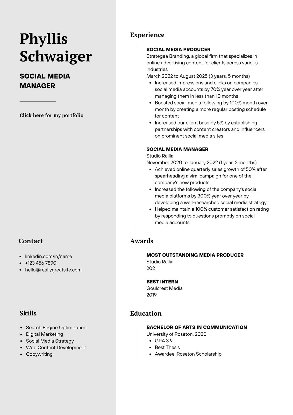 Grey White Color Blocks Social Media Manager Resume - Templates by ...