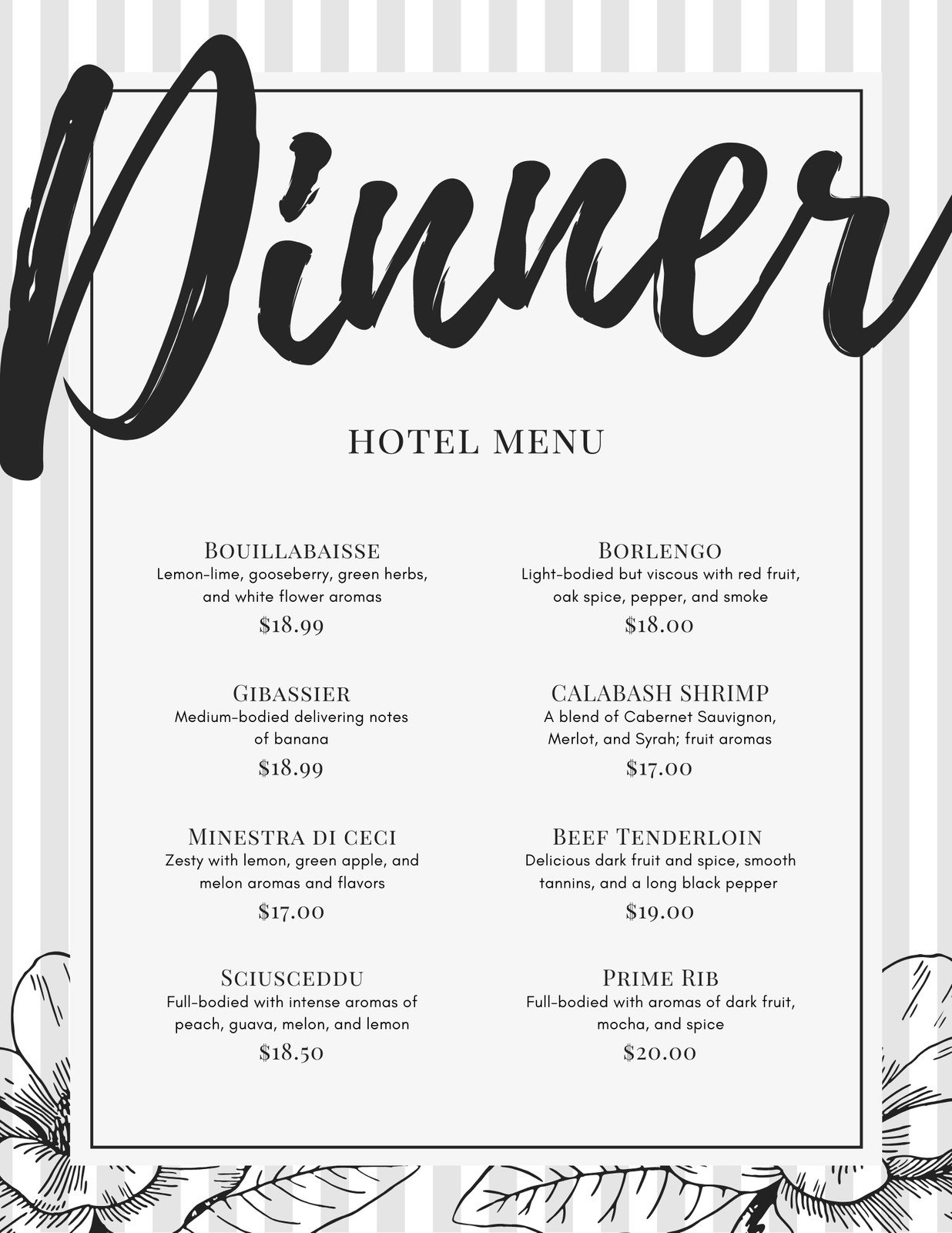 Black and White Horizontal Lines Dinner Menu - Templates by Canva