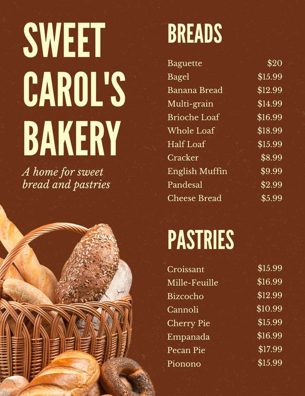 Brown Bread Basket Bakery Menu Templates By Canva