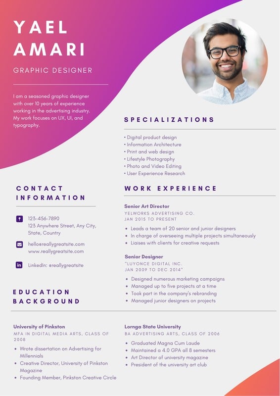 Resume For Graphic Designer Fresher : Free Colorful Resumes Templates