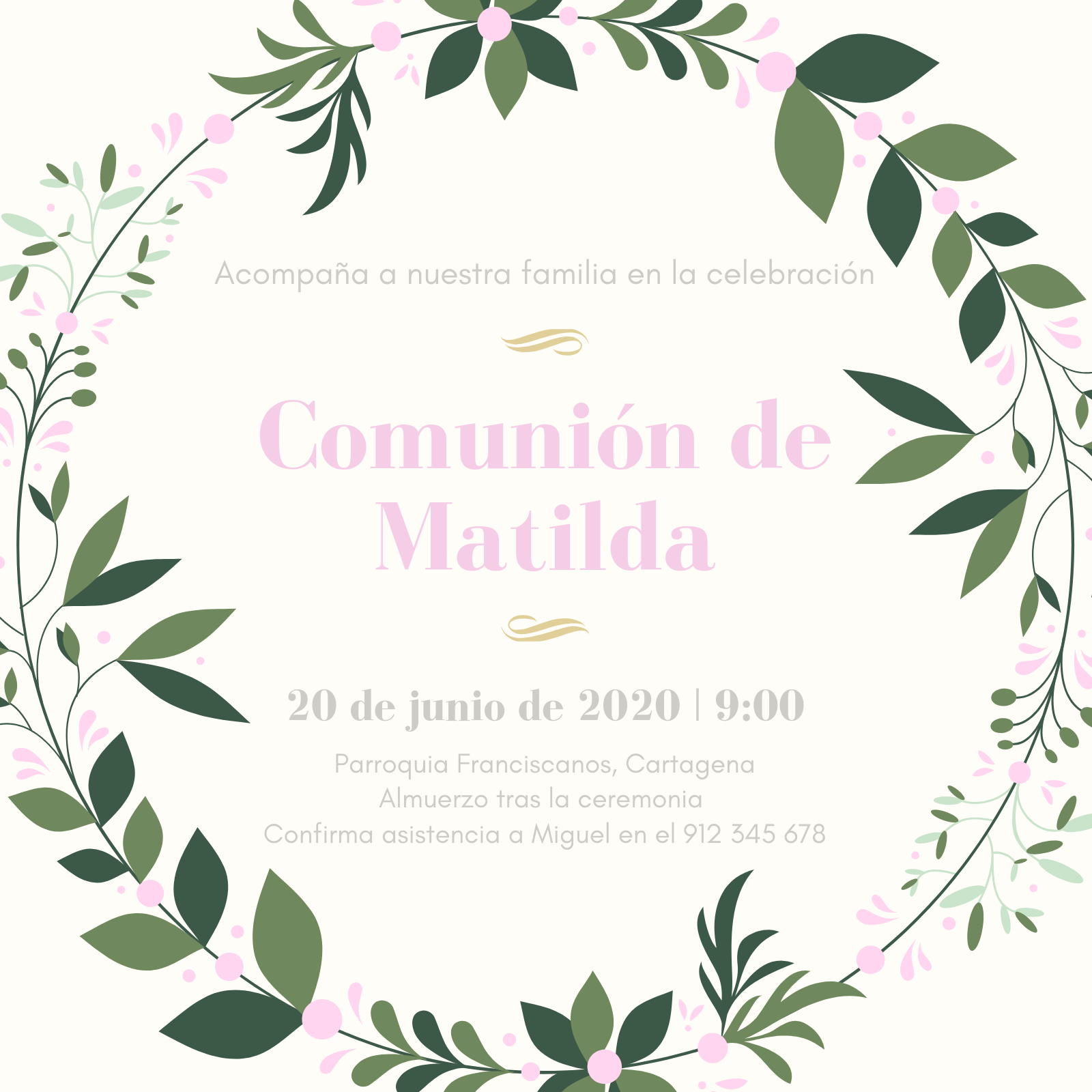 Invitación Primera Comunión Niña Crema Corona Hojas
