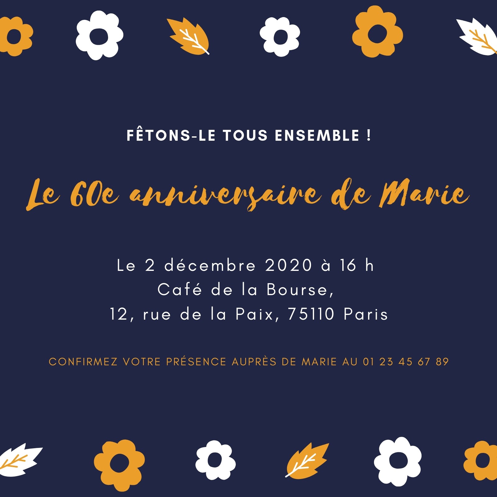 Carte invitation anniversaire 60 ans bleu marine - Fête