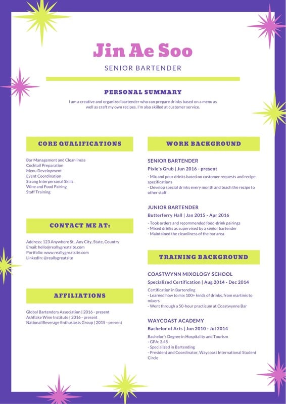 Purple And Green Bartender Food And Dining Resume Templates By Canva