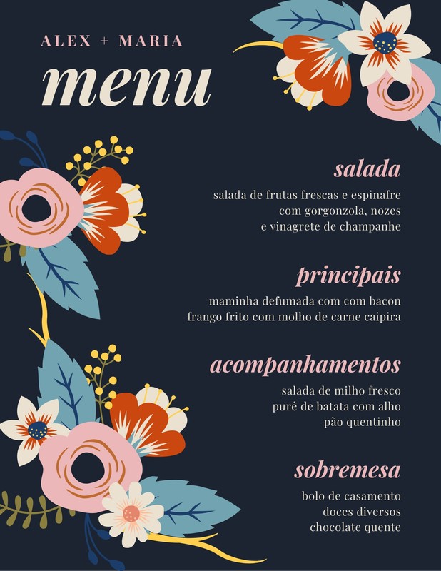 Menu Bordas elegantes casamento minimalista preto e bra