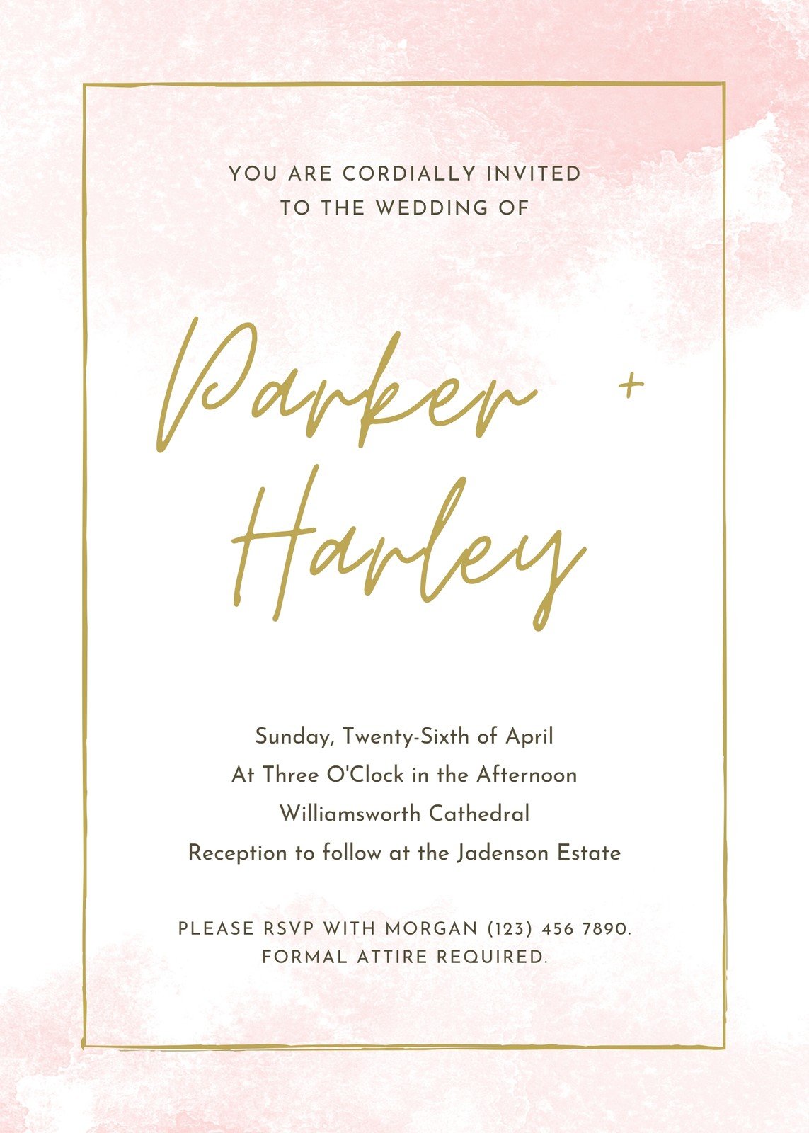 Gold and Pink Bordered Flowy Script Style Wedding Invitation ...