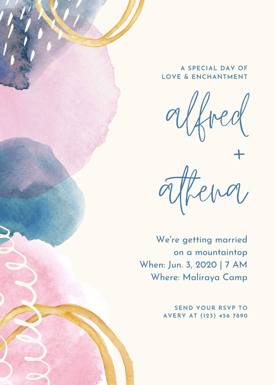 blue and pink abstract watercolor brush wedding invitation