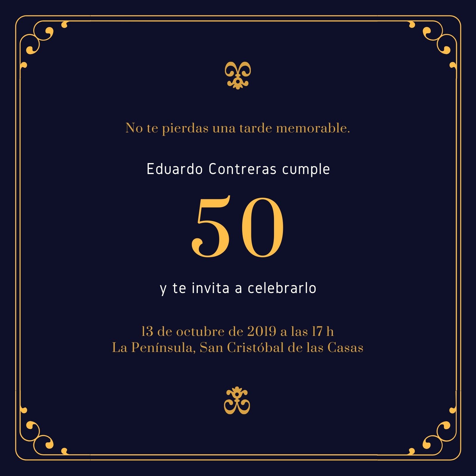 Azul Oscuro con Borde Dorado 50.º Cumpleaños Invitación