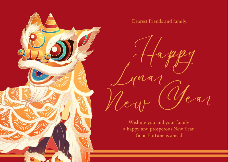 Red and Gold Chinese Dragon Lunar New Year Card Templates by Canva