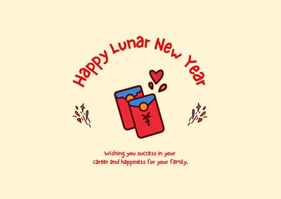 Cream, Red and Blue Illustration Lunar New Year Card