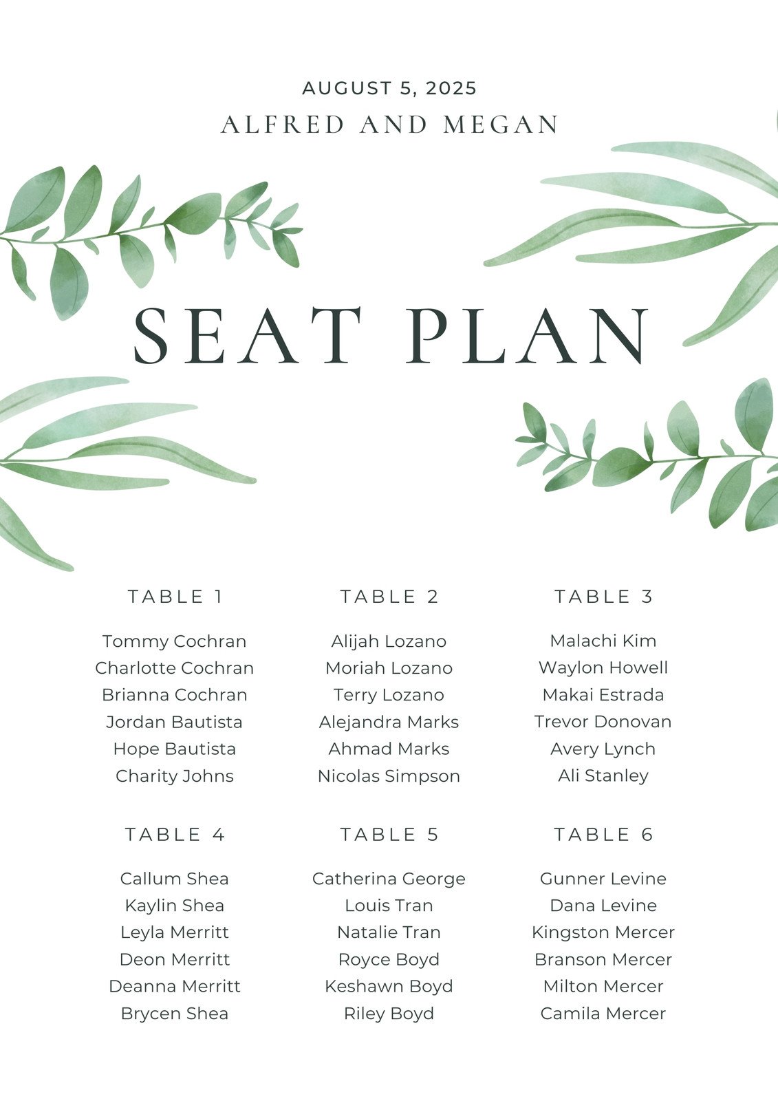 Green Leaves Border Rustic Floral Wedding Seating Chart