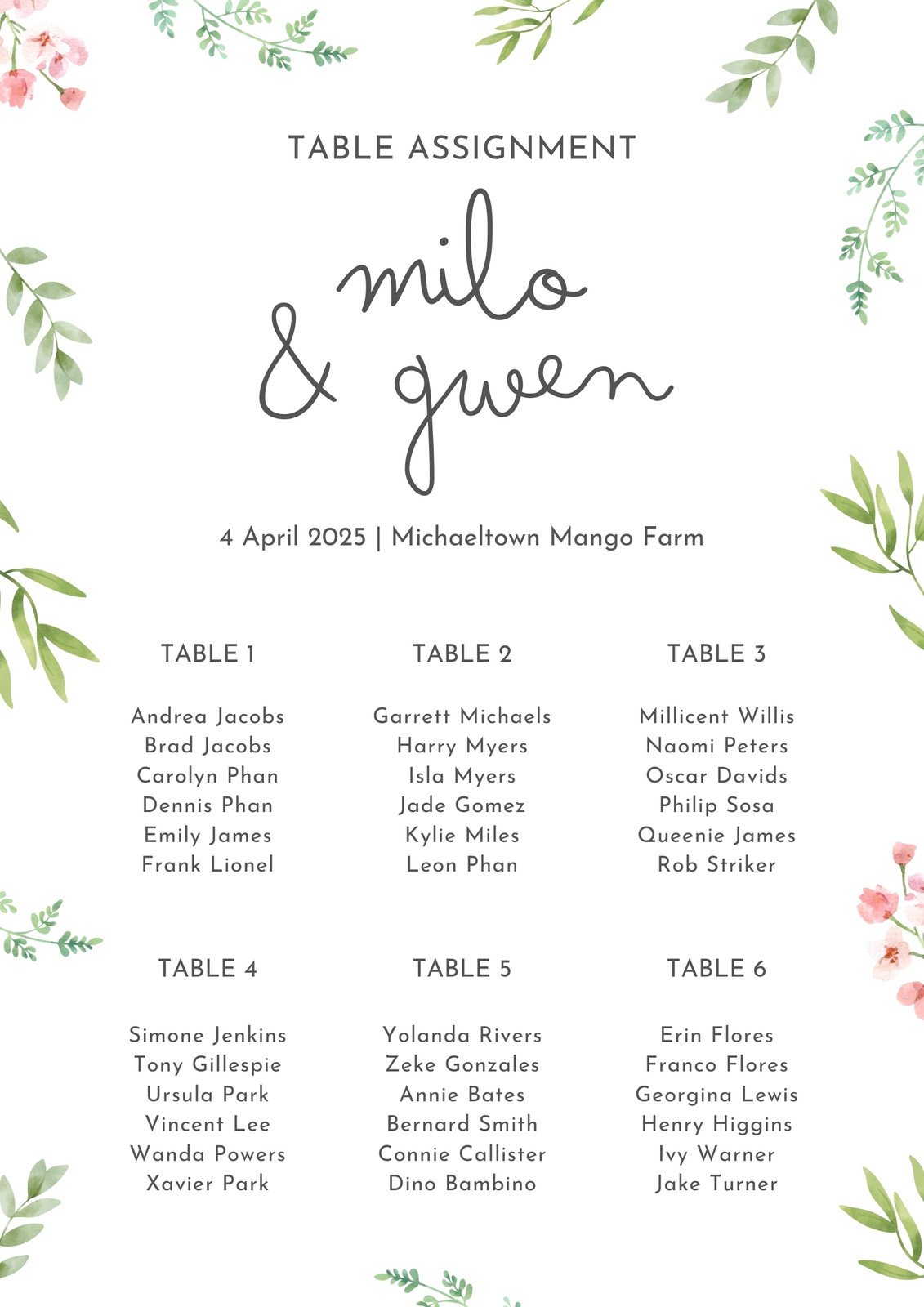 Green and Pink Plants Bordered Rustic Floral Wedding Seating Chart