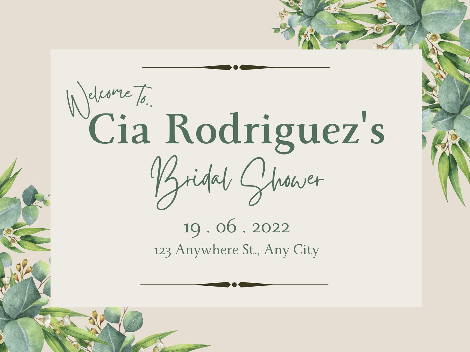 Greenery Wedding or Bridal Shower Welcome Sign Template, Landscape, 3 -  Artful Life Designs