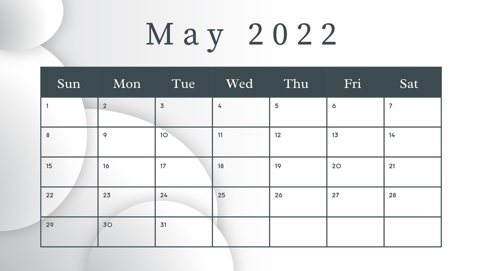 Green Minimalist May Monthly Calendar