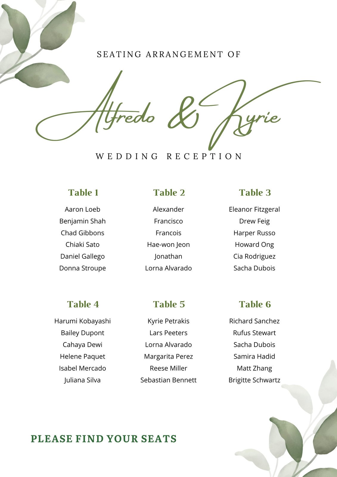 White Green Watercolor Leaf Wedding Seating Chart