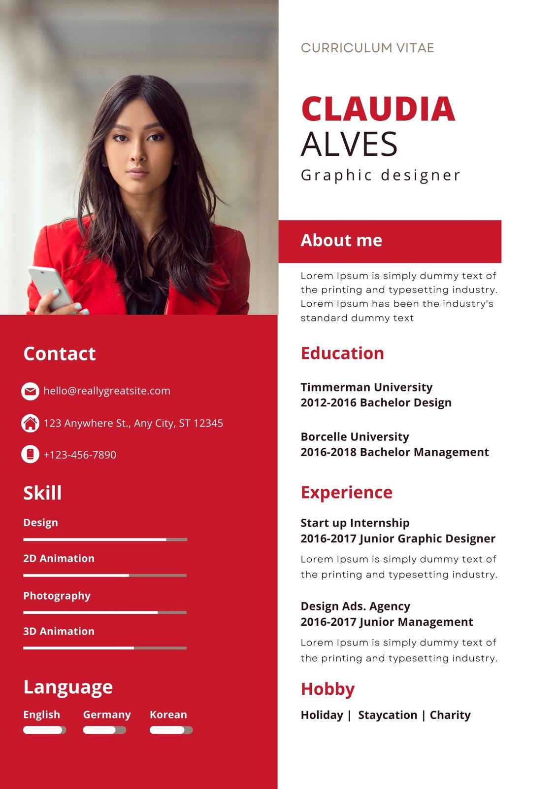 Red and White Simple Modern Graphic Designer Resume