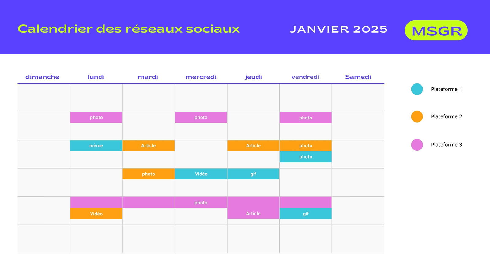 Calendrier mensuel des médias sociaux pour l'application Messenger professionnelle en vert fluo et violet