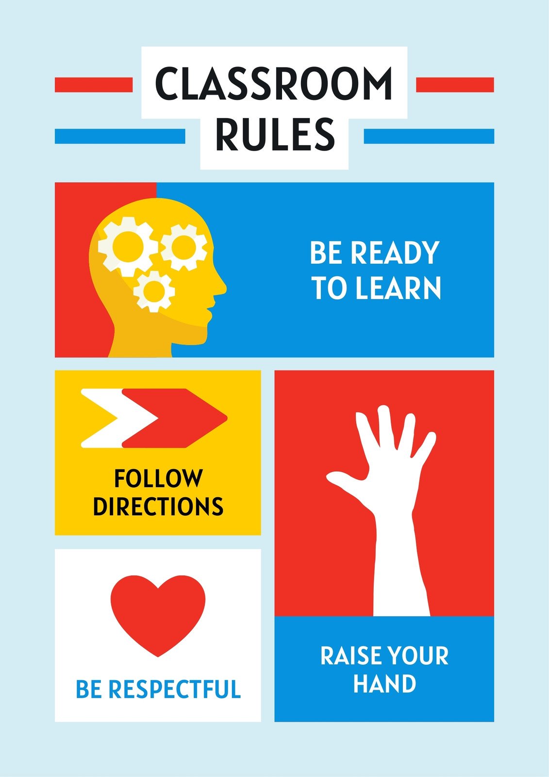 Blue and Red Minimalist Geometric Illustrative Classroom Rules Poster