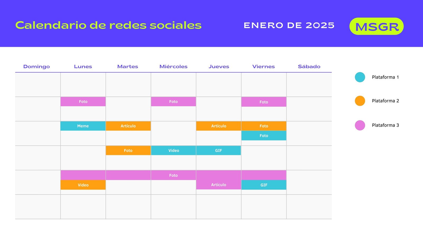 Verde Neón y Púrpura Amigable Aplicación de Mensajería Profesional Calendario Mensual de Redes Sociales