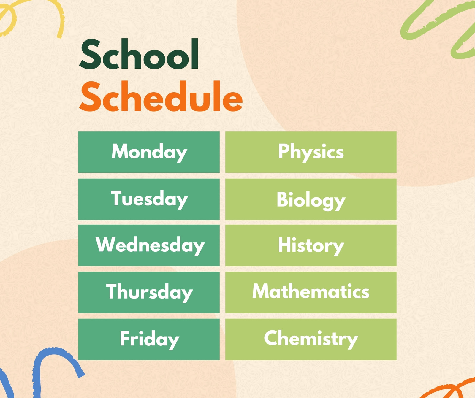 Beige Orange & Green Aesthetic School Schedule Facebook Post