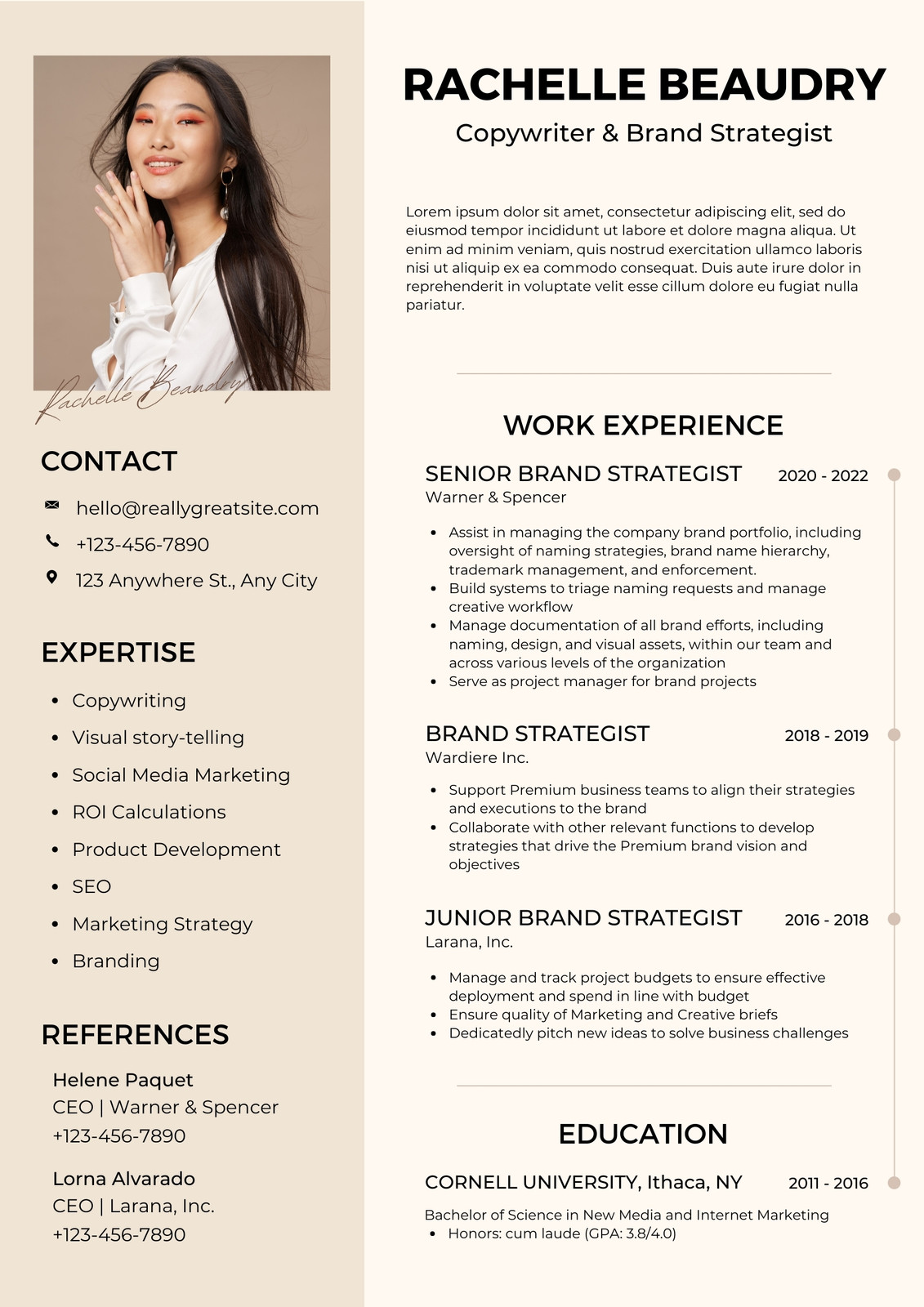 Tan & Beige Elegant Professional Resume | Copywriter & Brand Strategist