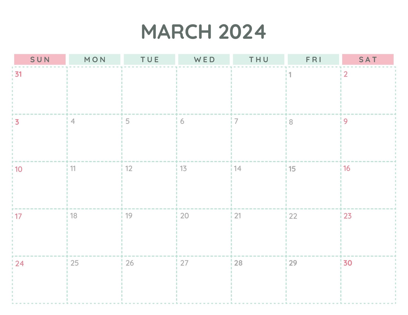 Pink Green White Simple Modern March 2024 Monthly Calendar