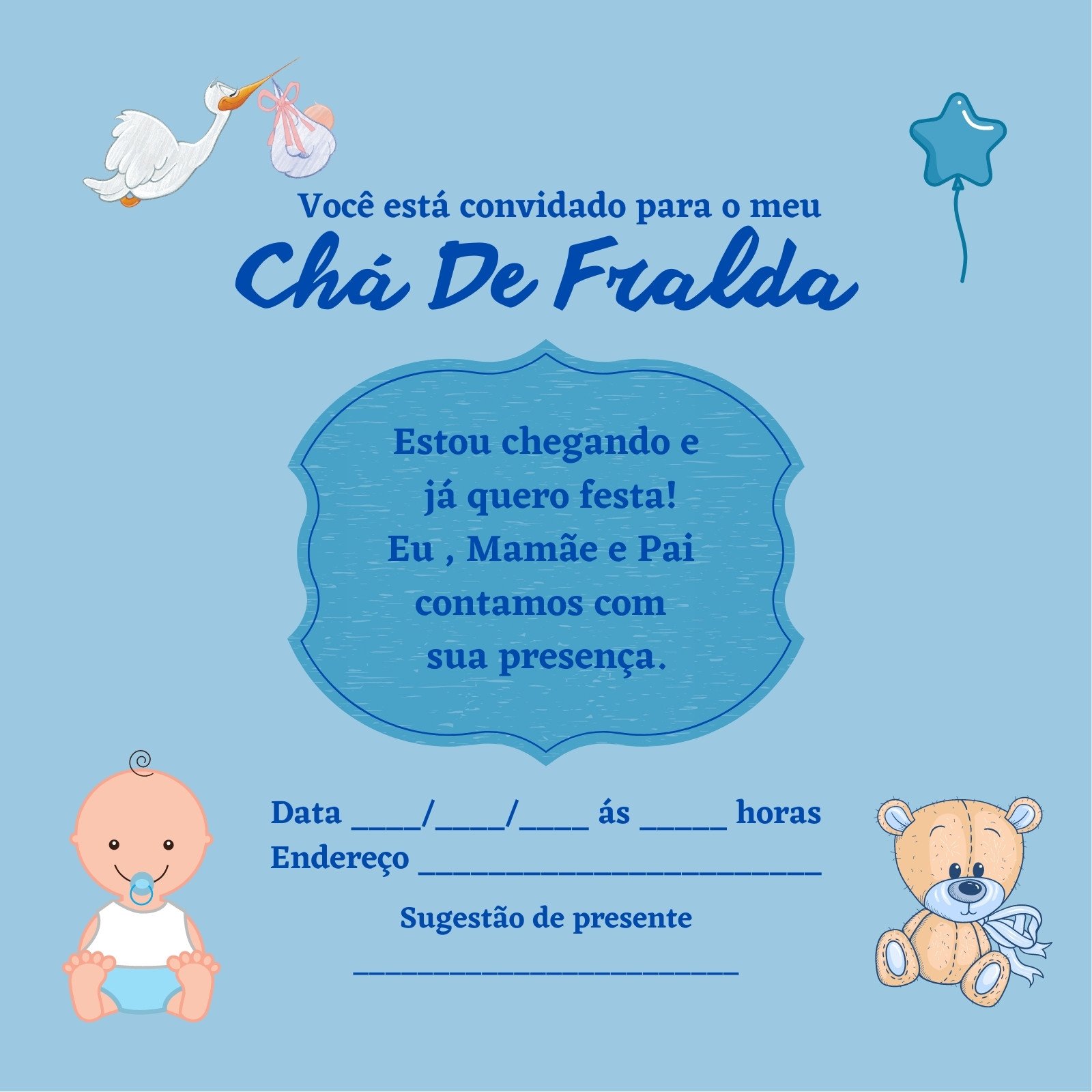 Convite chá de bebê menino - Edite grátis com nosso editor online
