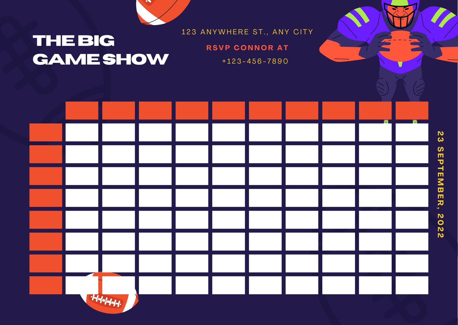 25 Square Football Square Game 4 QTR the Big Game Board -   in