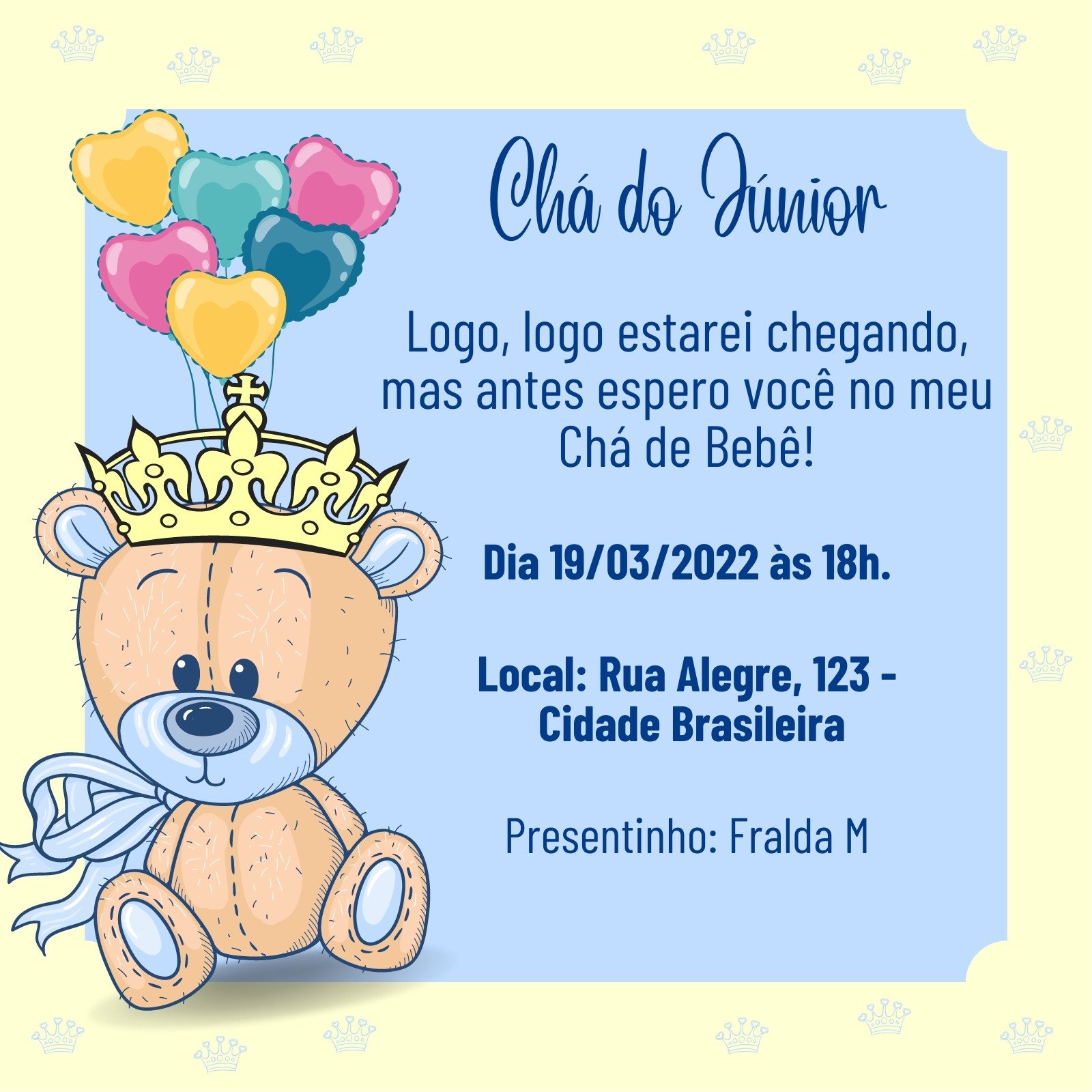 Grátis - Fazer convite online convite digital Chá de bebê Menina Ursinha  Realeza com dica mimo +