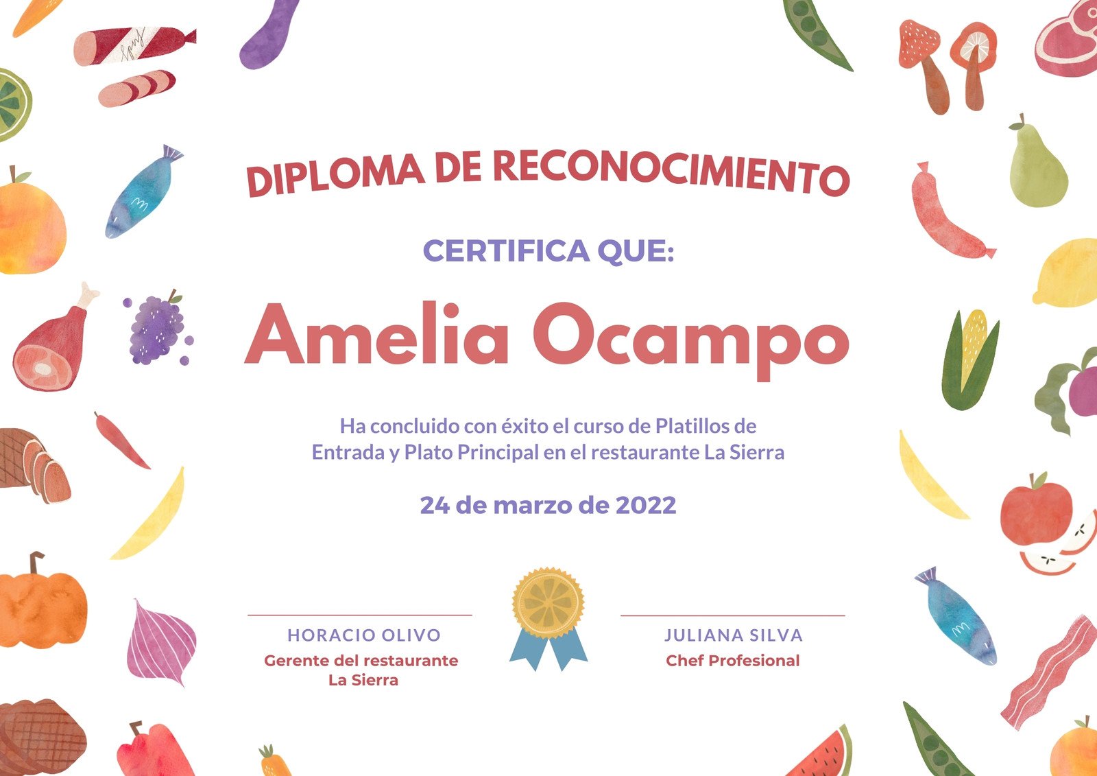 Diploma Certificado para Reconocimiento Chef y Cocina Llamativo 