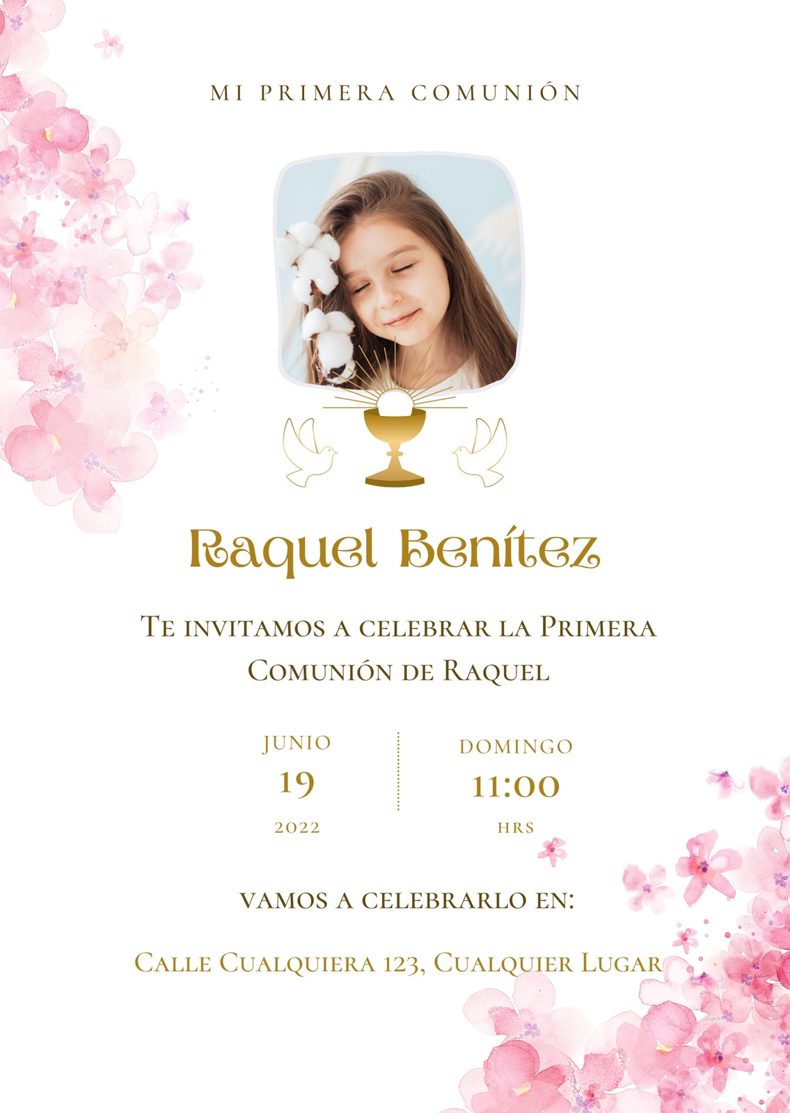 Invitación virtual Mi primera Comunión Niña Rosa y Dorado