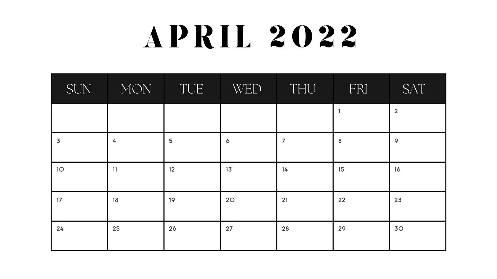 Black and White Minimalist April Monthly Calendar