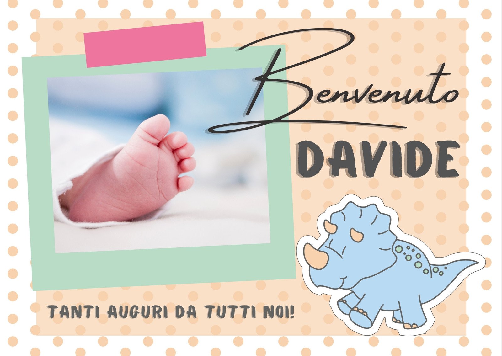 Cartolina di auguri Benvenuto bambino in colori pastello con baby dino o piccolo dinosauro