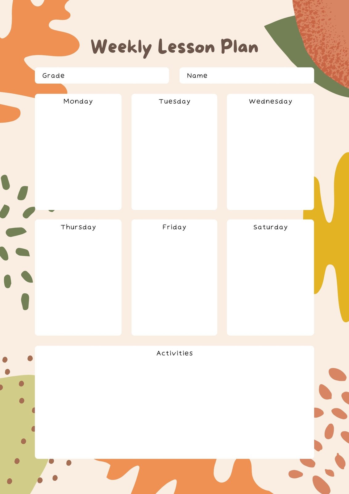 Free Weekly Lesson Plan Templates For Elementary Teachers Printable