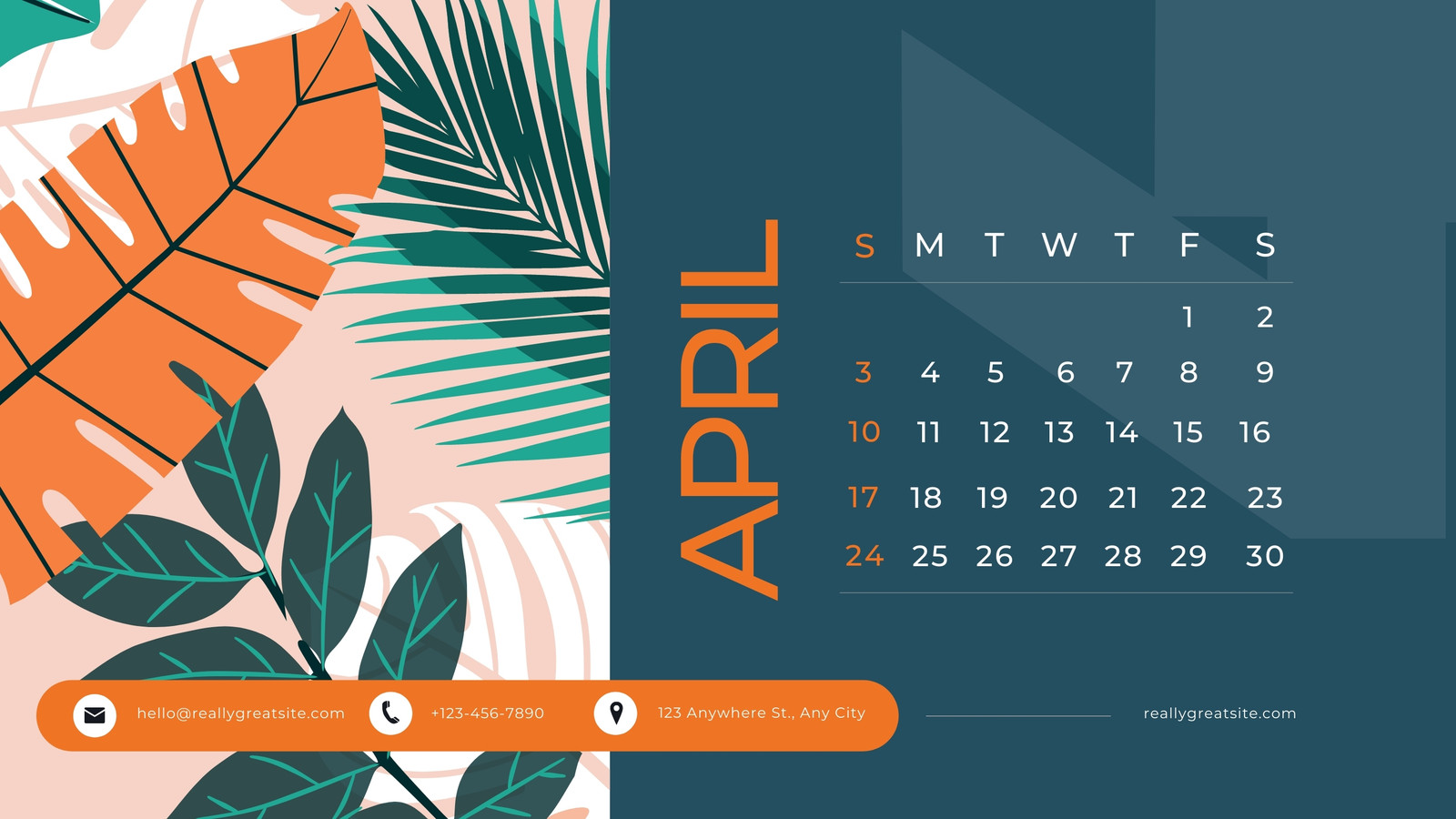 Orange Blue Floral Monthly April Calendar