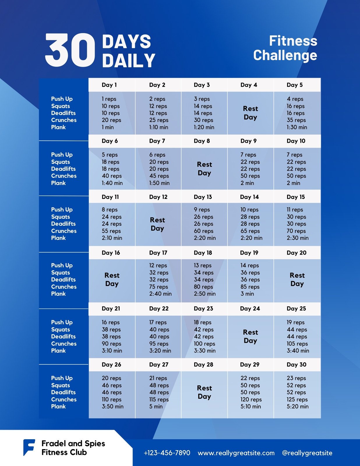 Blue Gym Fitness Workout Challenge Timeline Planner