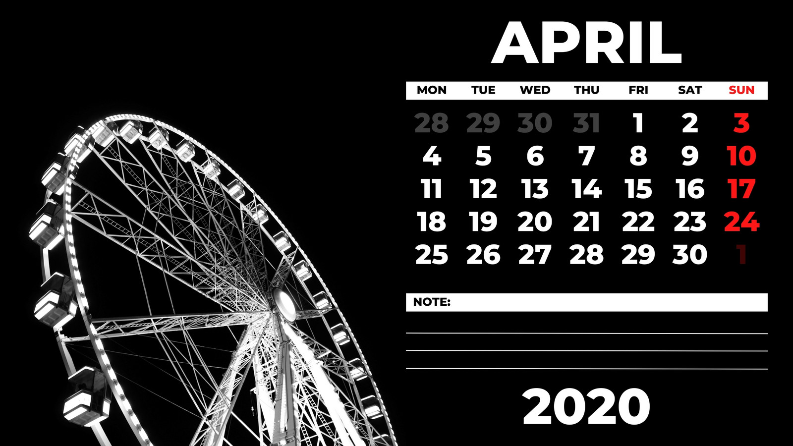 Black White Simple Aprii Calendar Month