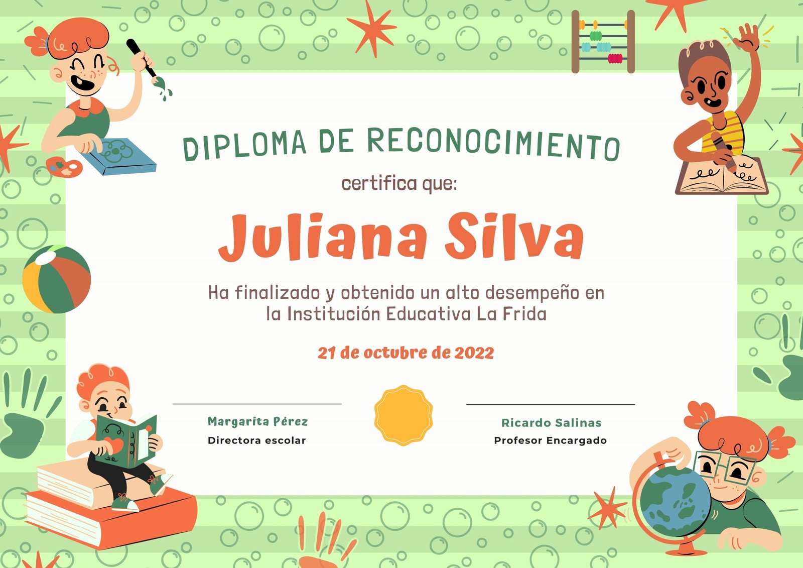 Diploma Certificado para reconocimiento infantil verde llamativo