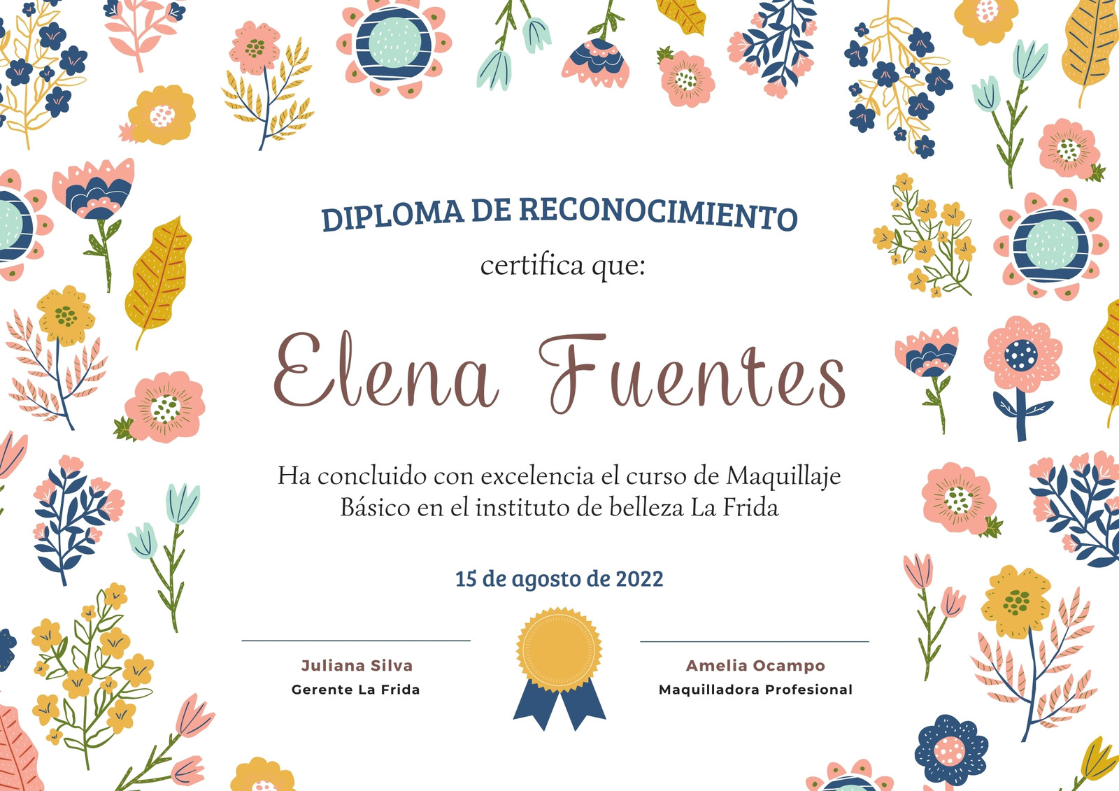 Diploma Certificado de Belleza Arte Llamativo Floral Rosa Azul y Amarillo
