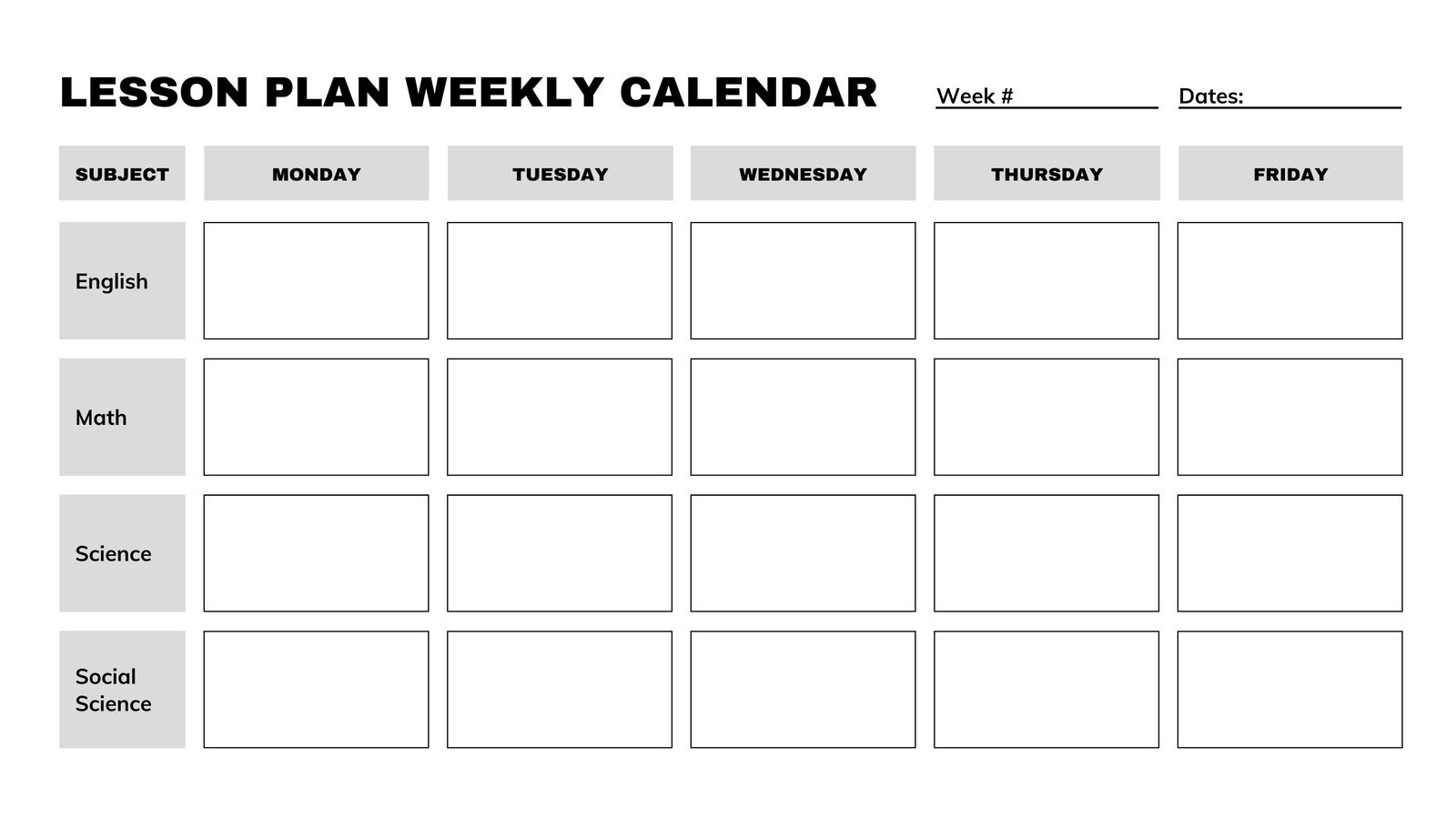 Blank Print-friendly Simple Weekly Lesson Plan Calendar