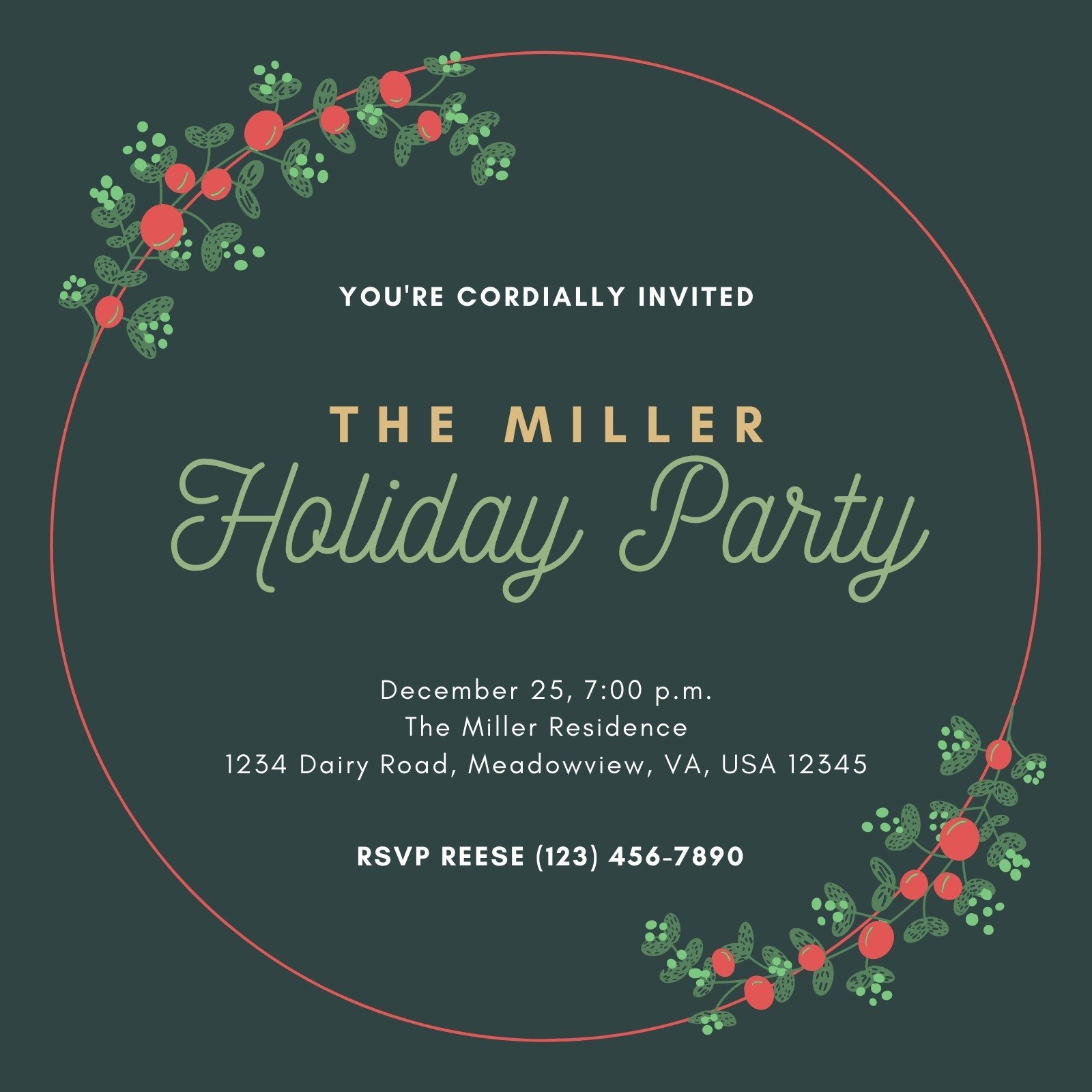 Christmas Holiday Party Invitation Family Party Invite New Year Party Invite Floral Green Red Winter  INSTANT DOWNLOAD Editable Invite