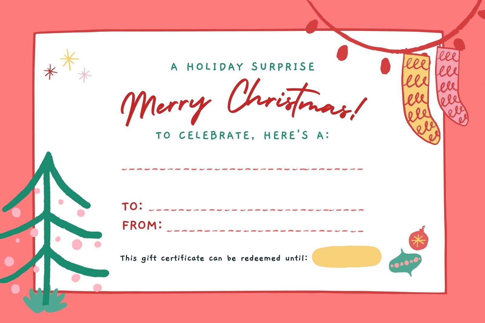Free, printable custom Christmas gift certificate templates  Canva Regarding Fillable Gift Certificate Template Free