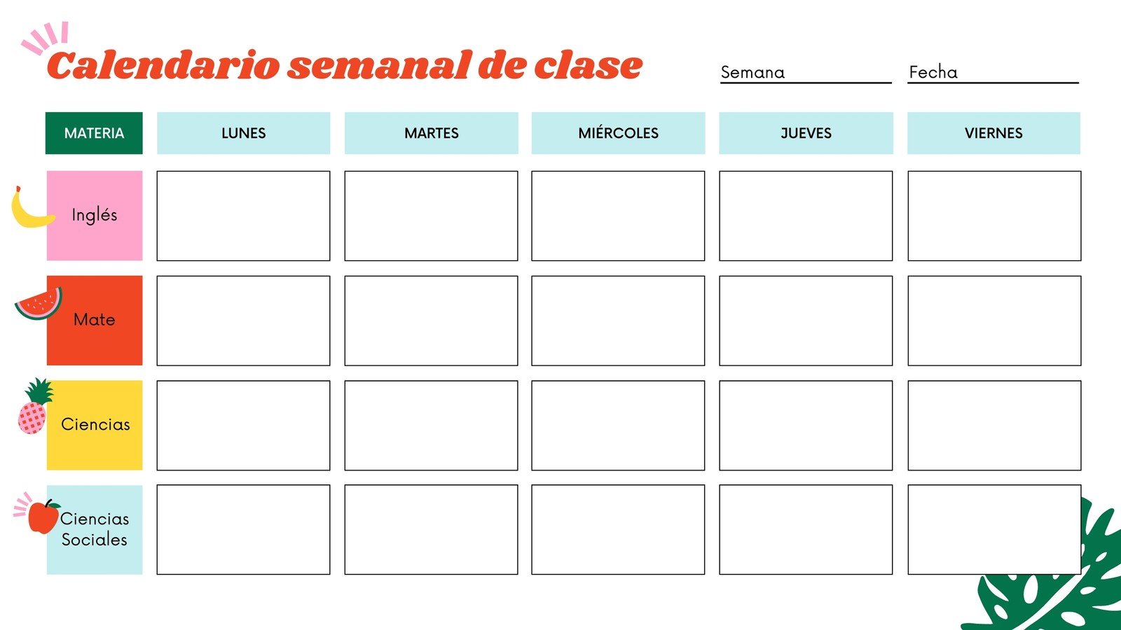 Verano Formato para Imprimir Calendario Semanal de Clases en Blanco