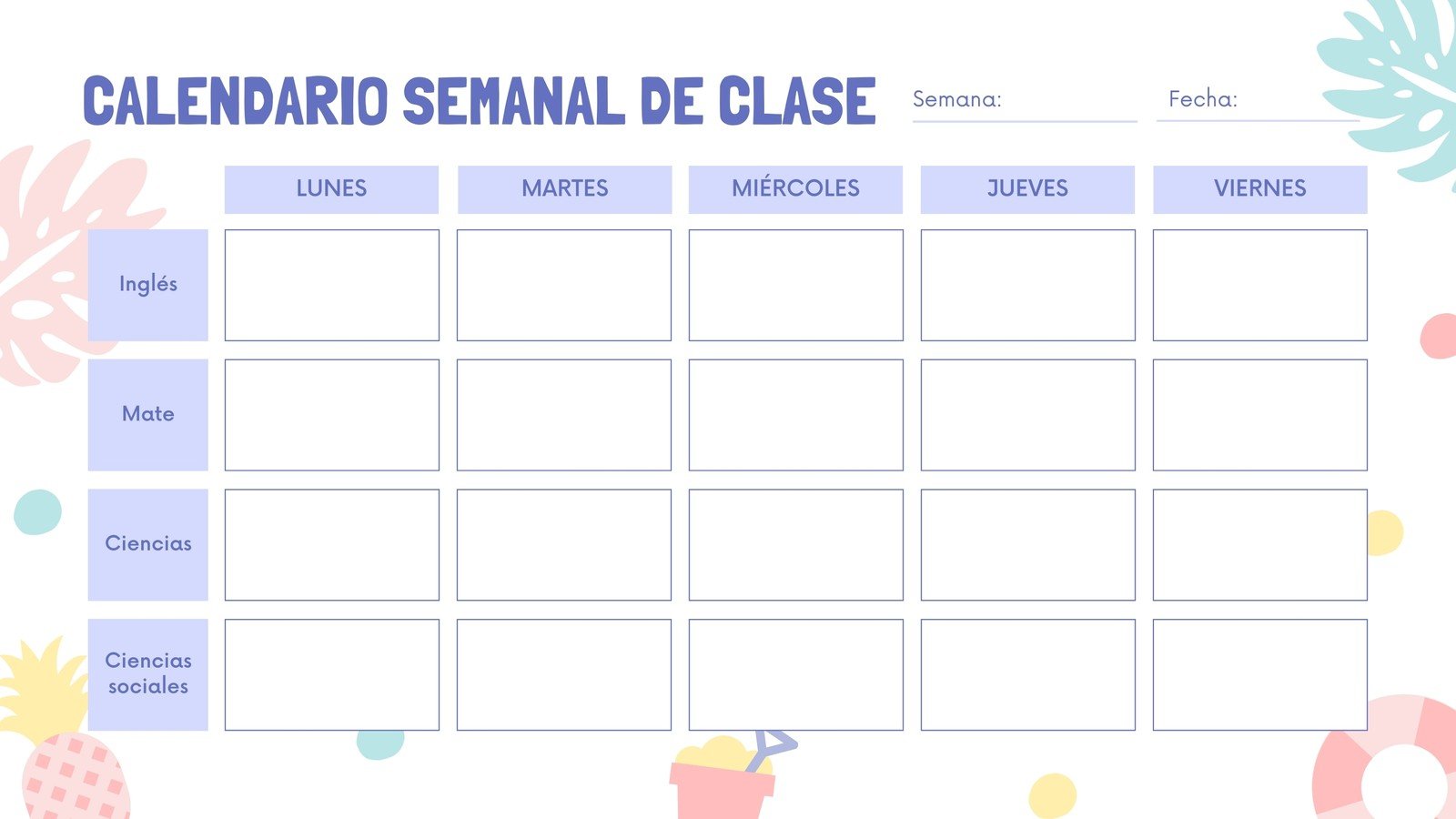 Playa Formato para Imprimir Calendario Semanal de Clase en Blanco